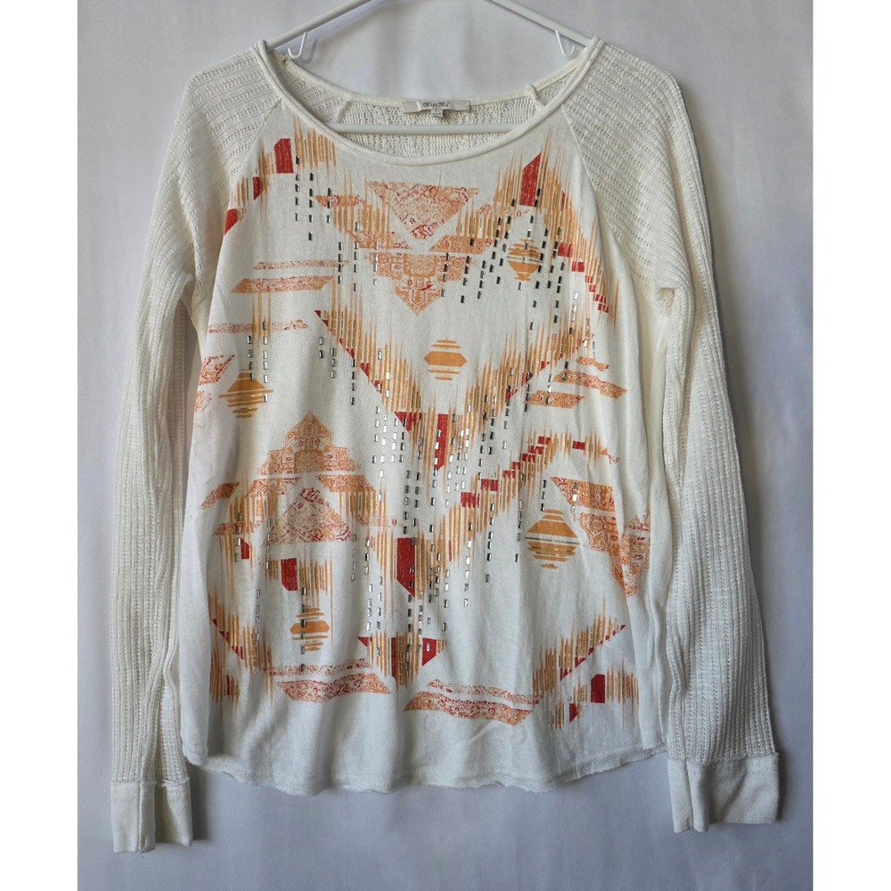 Miss Me Womens Ivory Tribal Print Sequin Waffle Knit Lace Back Top Large